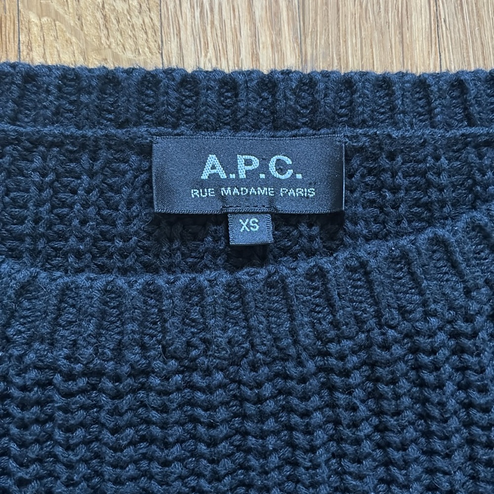 A.P.C 100% Cotton Black Knit 3/4 Sleeve Crewneck Sweater, XS